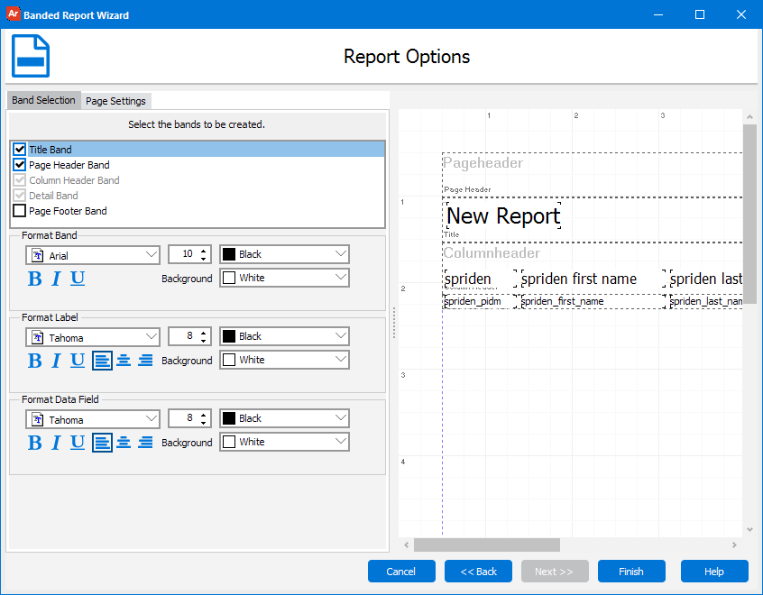 Banded Report Wizard with the Band Selection tab selected.  The Title Band, Page Header Band, Column Header Band, and Detail Band are selected to be included in the report.